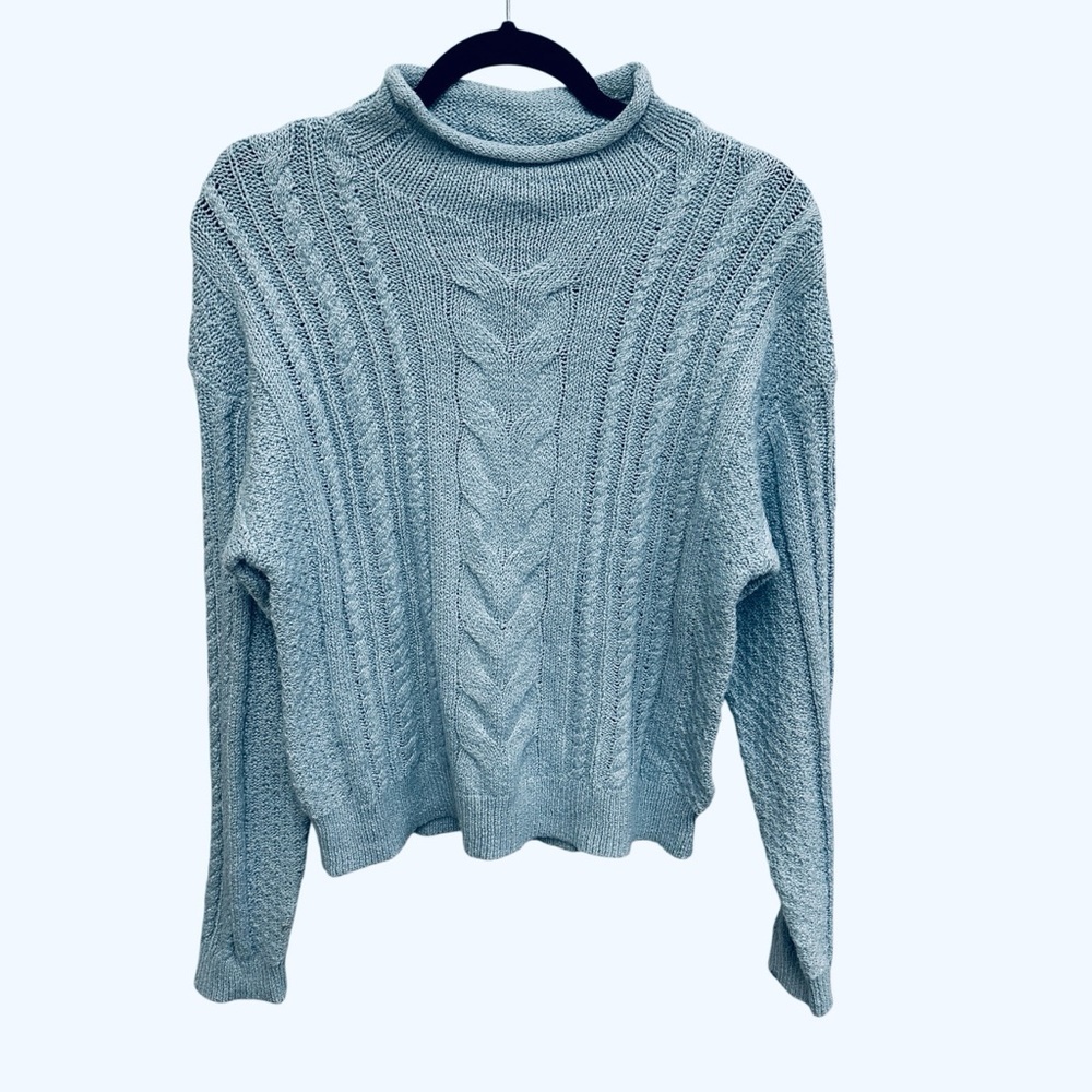 J. Crew light blue roll neck cable knit spring preppy coastal super soft sweater